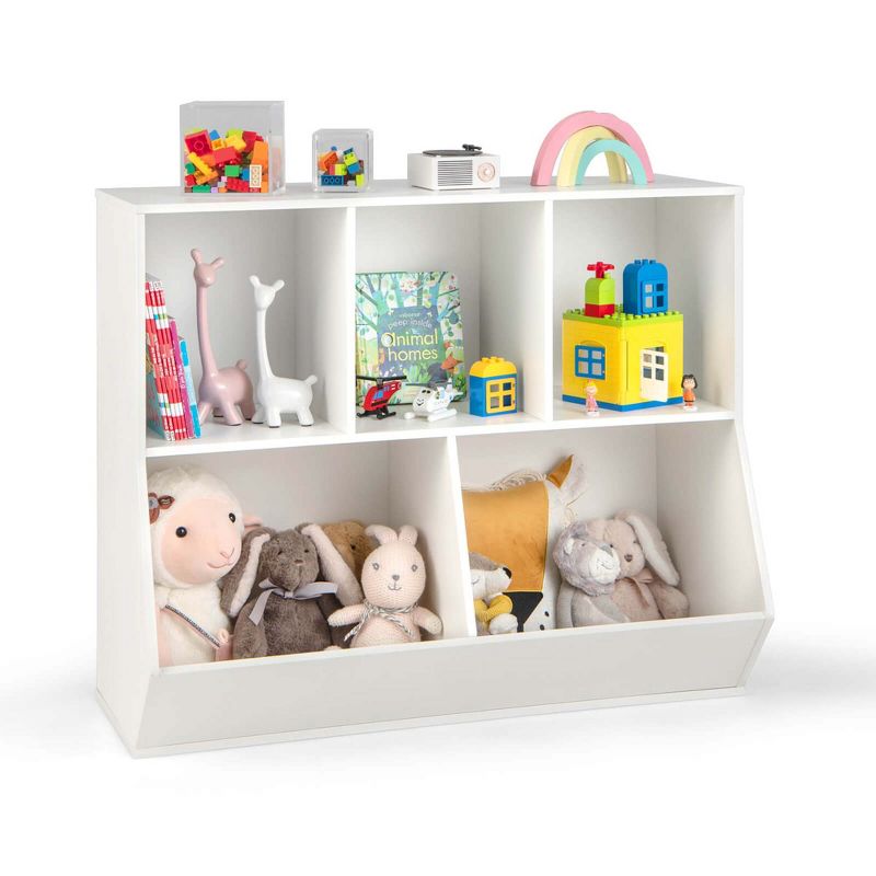 Costway 5-Cubby Kids Toy Storage Organizer Wooden Bookshelf Display Cabinet Natural/White, 1 of 11