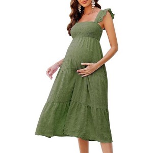 Coolmee Womens Maternity Dress Summer Sleeveless Smocked Square Neck Ruffle Casual Boho Midi Dress Baby Shower Photoshoot - 1 of 4