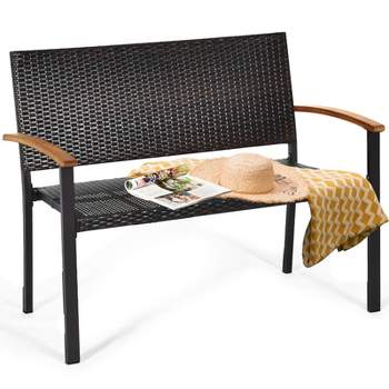 Tangkula 2 PCS Patio Furniture Set Weather-Resistant Rattan Bench Wicker Loveseat Steel frame for Yard Garden Poolside