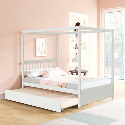 Full Size Canopy Bed with Twin Trundle, Kids Solid Wood Platform Bed Frame w/ Headboard, No Box Spring Needed