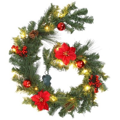 6 FT Christmas Garland with Lights, Realistic Fireplace Garland Decor with Red Flower and Balls, Indoor Outdoor Mantle Garland for Holiday, Green