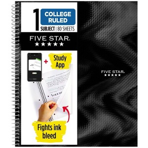 Five Star Active 1 Subject 80ct College Ruled Notebook Black: Single Subject, Flexible Cover, School Supplies, 8.5 x 11" - 1 of 4