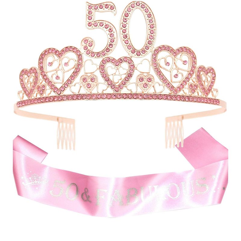 VeryMerryMakering 50th Birthday Sash and Tiara for Women - Fabulous Glitter Sash + Hearts Rhinestone Pink Premium Metal Tiara for Her, 1 of 4