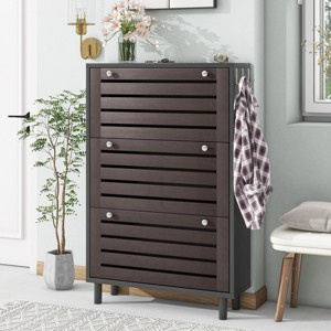 Minimalist Tipping Bucket Shoe Cabinet With Hanging Hooks And 3 Flip Drawers,Shoe Cabinet With Adjustable Panel,Entryway Organizer-Cuddlewood - 1 of 4