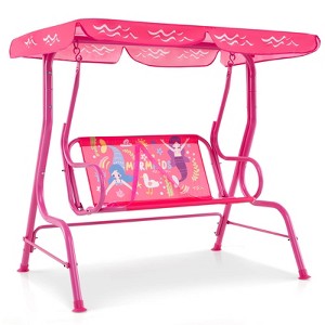 Costway 2-Seater Toddler Porch Swing Chair with Metal Stand Adjustable Canopy Safety Belts Blue/Pink/Yellow - 1 of 4