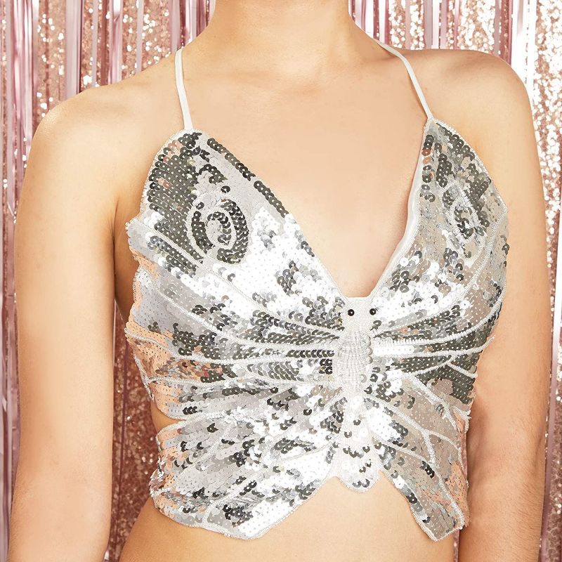 Zodaca Butterfly Sequin Halter V Neck Crop Top for Women, Open Back Tie Backless Cami Tank, Silver, One Size, 5 of 6