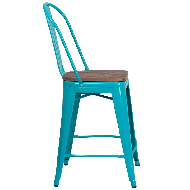 Merrick Lane 24" Metal Indoor-Outdoor Counter Stool with Vertical Slat Back, Integrated Footrest and Wood Seat, 6 of 9