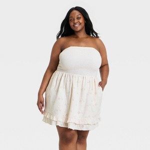 cream cotton dress womens V-Neck Bubble Sleeve Embossed Cotton Mini Dress in Cream for Vacation & Casual Outing White XS-S