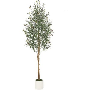 Artificial Olive Trees, Tall Faux Olive Trees with Natural Wood Trunks & Lifelike Fruits, Fake Tree with White Planter for Home Decor - 1 of 4