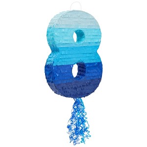 Blue Panda Number 8 Pinata for Boys and Girls 8th Birthday Party Decorations, Centerpieces, Ombre Blue, 16.5 x 11.5 x 3 in - 1 of 4