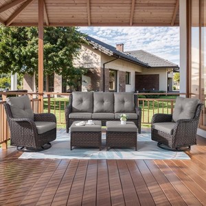 SUGOLD Patio Furniture 5 Pieces Outdoor Furniture Set Wicker Outdoor Sectional Couch with Patio Swivel Rocking Chairs,Ottomans - 1 of 1