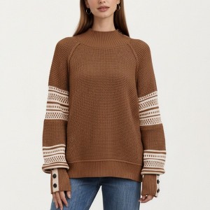 Anna-Kaci Women’s Patterned Knit Pullover Top with Textured Waffle Stitch Body, Contrast Ribbed Mock Neck - 1 of 4