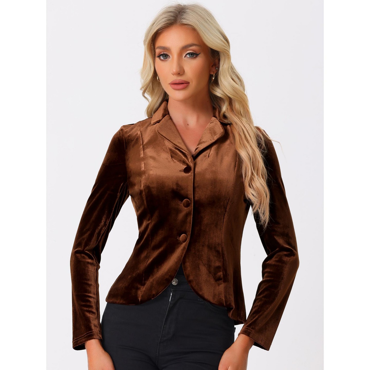 Женский пиджак INSPIRE CHIC Notched Lapel Long Sleeve Office Button Velvet Suit Blazer Small Brown, цвет: Коричневый — фото 3