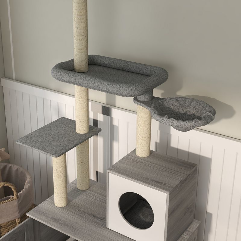 PawHut 2 in 1 Litter Box Enclosure with Floor to Ceiling Cat Tree, Condo, Bed, Hammock, Scratching Posts, and Platforms, Gray, 5 of 7