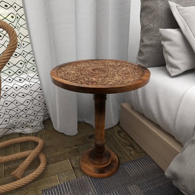 Majestic Floral Carved Dark Brown Mango Wood Round Accent Table
