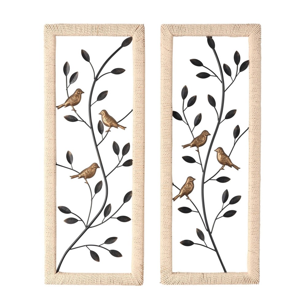 Photos - Wallpaper Set of 2 Metal Leaf Wall Decors with Cream Rattan Frame and Bronze Bird Ac