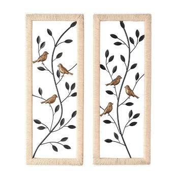 Set of 2 Metal Leaf Wall Decors with Cream Rattan Frame and Bronze Bird Accents Black - Olivia & May