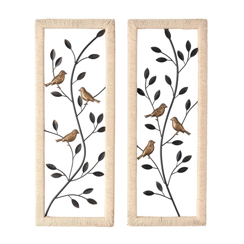 Set of 2 Metal Leaf Wall Decors with Cream Rattan Frame and Bronze Bird Accents Black - Olivia &#38; May, 1 of 8