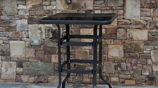 Emma and Oliver 3 Piece Outdoor Bar Height Set-Glass Patio Bar Table-Black All-Weather Barstools, 2 of 13, play video