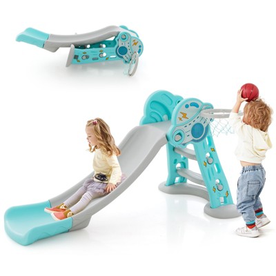 Safstar 3-in-1 Kids Indoor Slide w/ Basketball Hoop & Basketball, Safe Buffer Zone Blue