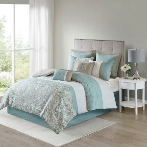 Luxe Quilted Comforter Set, All Season Down Alternative Warm Bedding Matching Shams, Bedskirt, Decorative Pillow, Shawnee Scrollwork - 1 of 4