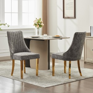 Gulches Set of 2 Gray Chenille Dining Chairs - Rayon Cloth Flocking Upholstered, Triple Elastic Cushion & Golden Stainless Steel Legs, High Backrest - 1 of 4
