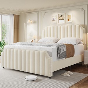 Velvet Upholstered Bed Frame, Tall Headboard with Nailhead Trim, Vertical Channel Tufted Platform Bed with Footboard and Wooden Slats - 1 of 4