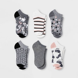 Women's Playful Cats 6pk Low Cut Socks - Gray/White 4-10: Tagless, Lightweight, Animal Pattern - 1 of 1