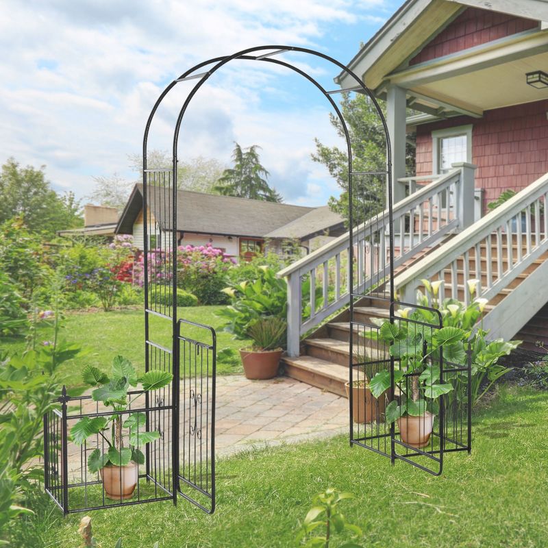 Outsunny 86" Garden Arbor Arch Gate with Trellis Sides for Climbing Plants, Wedding, Grape Vines with Locking Doors & Planter Baskets, Black, 2 of 9