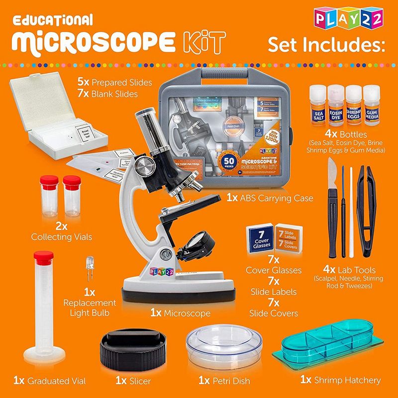 50PCs Microscope Kit Set in Carrying Box for Kids Educational Science Lab with 120X - 1200X Microscope Slides Specimens -Play22usa, 4 of 9