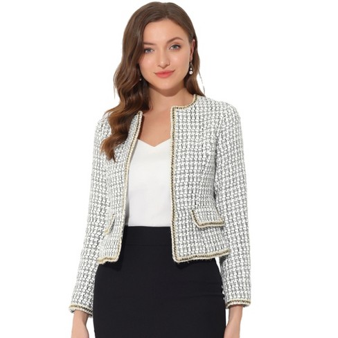 Allegra K Women's Long Sleeve Open Front Work Office Short Plaid Tweed  Blazer White Small : Target