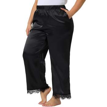 Agnes Orinda Women's Plus Size Satin Lace Trim Elastic Soft Wide Leg Pockets Pajama Pants