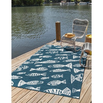 Blue and Ivory Synthetic Coastal Outdoor Rug 9' x 12'