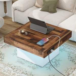 31.4" x 31.4" Farmhouse Coffee Table with 2 USB Ports, Outlets & LED Light, Rustic Cocktail Table with Charging Station for Living Room - 1 of 4