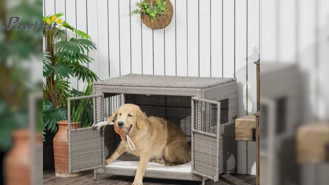 PawHut Rattan Dog Crate with Double Doors, Wicker Dog Cage with Large Entrance and Soft Cushion, Dog Kennel for Medium to Large Sized Dogs, Gray, 2 of 8, play video