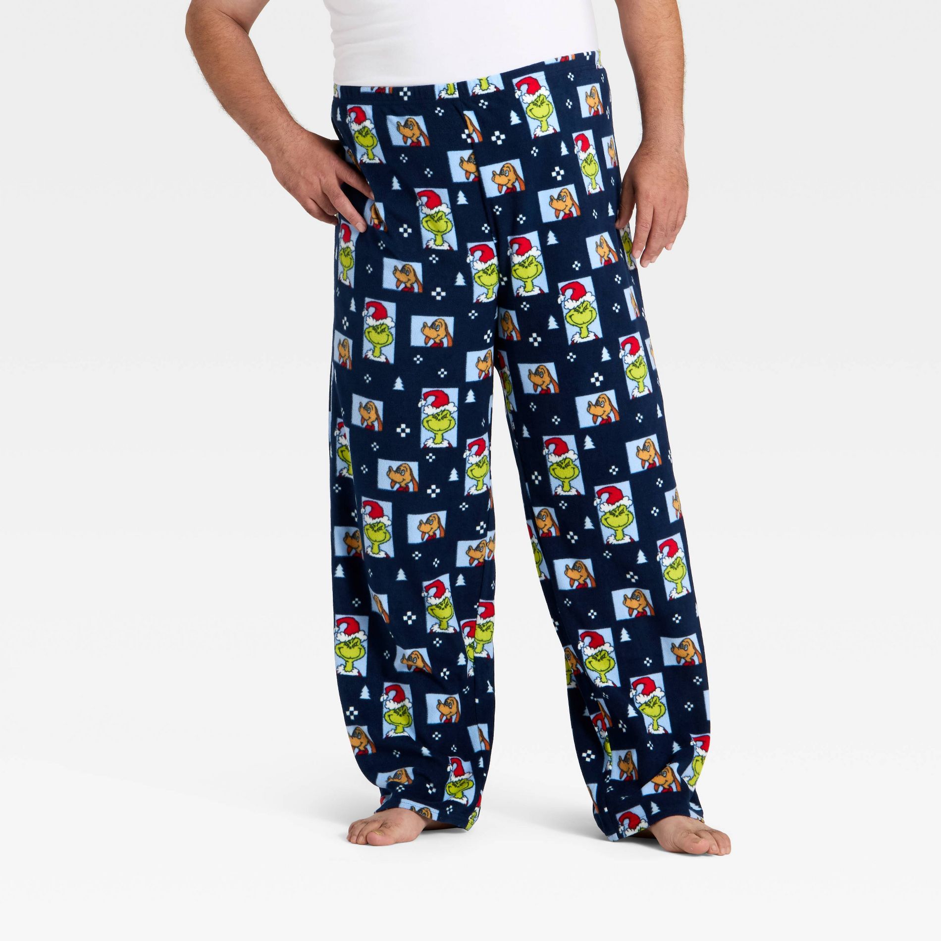 Men's Grinch Print Fleece Holiday Matching Family Pajama Pants - Navy Blue