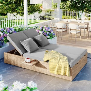 Outdoor Double Sunbed, Wicker Rattan Patio Reclining Chairs with Adjustable Backrest and Seat, Conversational Set for 2 Person - 1 of 4