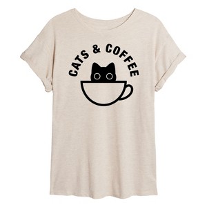 Women's - Instant Message - Cats and Coffee Oversized Graphic T-Shirt - 1 of 4