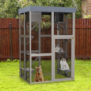 70.5" Tall Wooden Catio Outdoor Cat Enclosure, Large Gray Cat House with 6 Platforms, 2 Napping Houses & Movable Waterproof Tarp Cover - Nertpow - 1 of 4