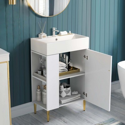 NicBex 21.6" Bathroom Vanity with Sink, Morden Bathroom Cabinet Storage with 2 Spacious Drawers and 2 Open Shelf for Bathroom, White