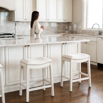 Adrien White Oak Backless Saddle Counter Stool with Upholstered Seat
