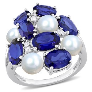 EVERLY JEWELRY | Sterling Silver 7 ct TGW Created Blue and White Sapphire with Cultured Freshwater Pearls Ring - 1 of 4