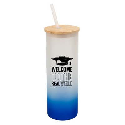 Elanze Designs Welcome Real World Grad School Graduation Wrap-Around Design 25 Ounce Frosted Gradient Glass On-The-Go Coffee Travel Skinny Tumbler Mug