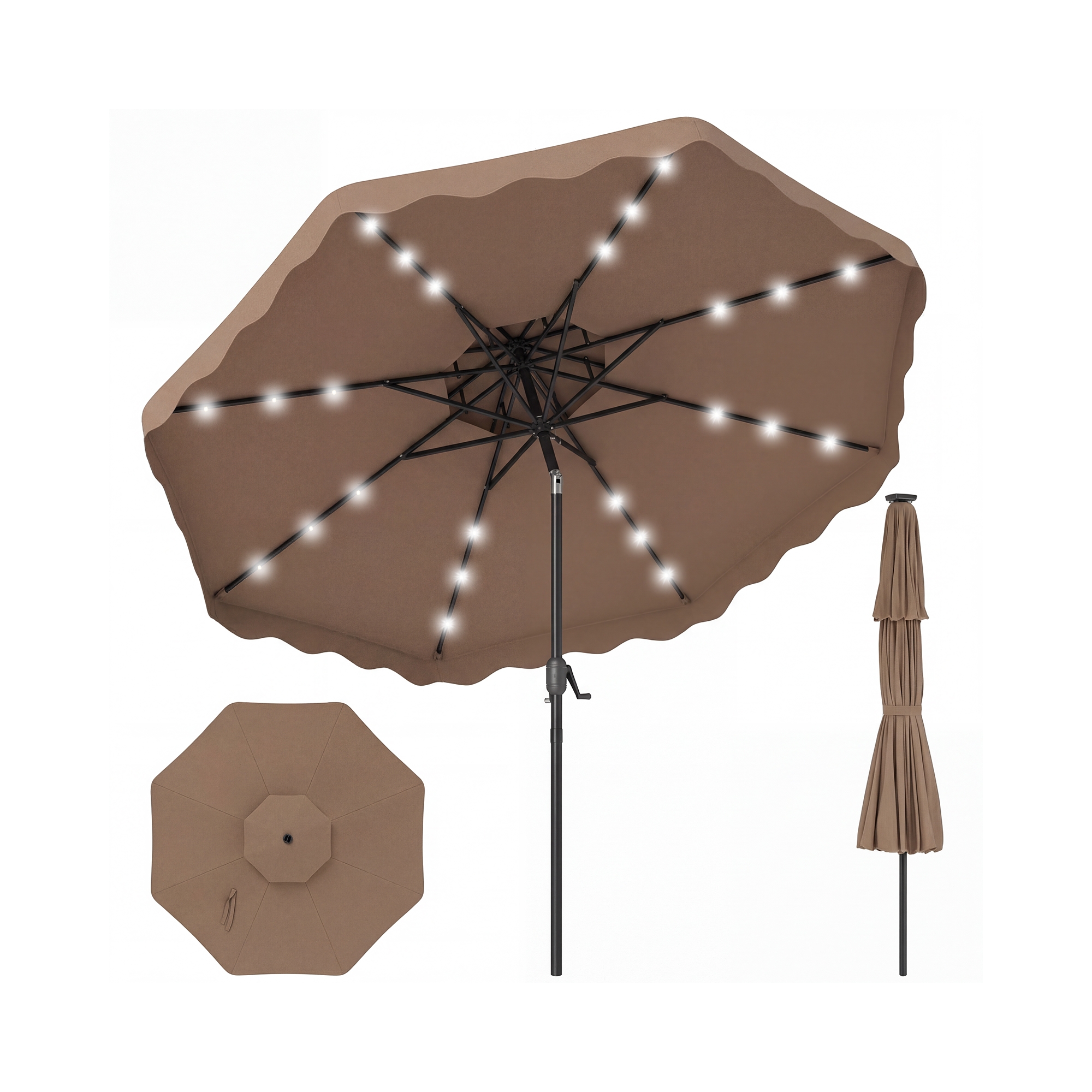 Costway 9 FT Solar LED Patio Umbrella, Push-Button Tilt & Crank, 24 LED Lights & 8 Ribs Brown