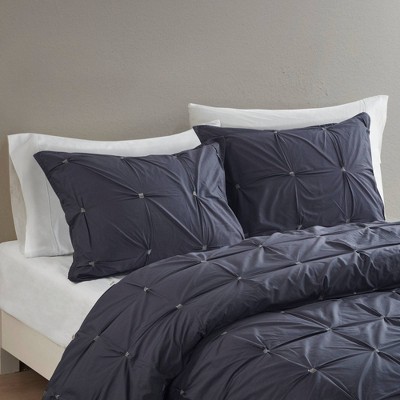 Navy Cotton Pintuck Full/Queen Duvet Cover Set with Shams