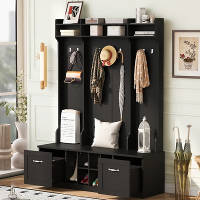 TIRAMISUBEST 5-in-1 Entryway Bench with Coat Rack, 7 Sturdy Hooks, 2 Spacious Drawers and Adjustable Shelves, 58.8'' Wide Hall Tree with Metal Handles
