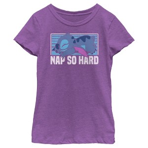 Girl's Lilo & Stitch Nap So Hard Distressed Stitch T-Shirt - 1 of 4
