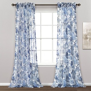 2pk 52"x84" Sheer Cynthia Jacobean Curtain Panels Blue - Lush Décor: Floral Microfiber, Rod Pocket, Indoor Use - 1 of 4