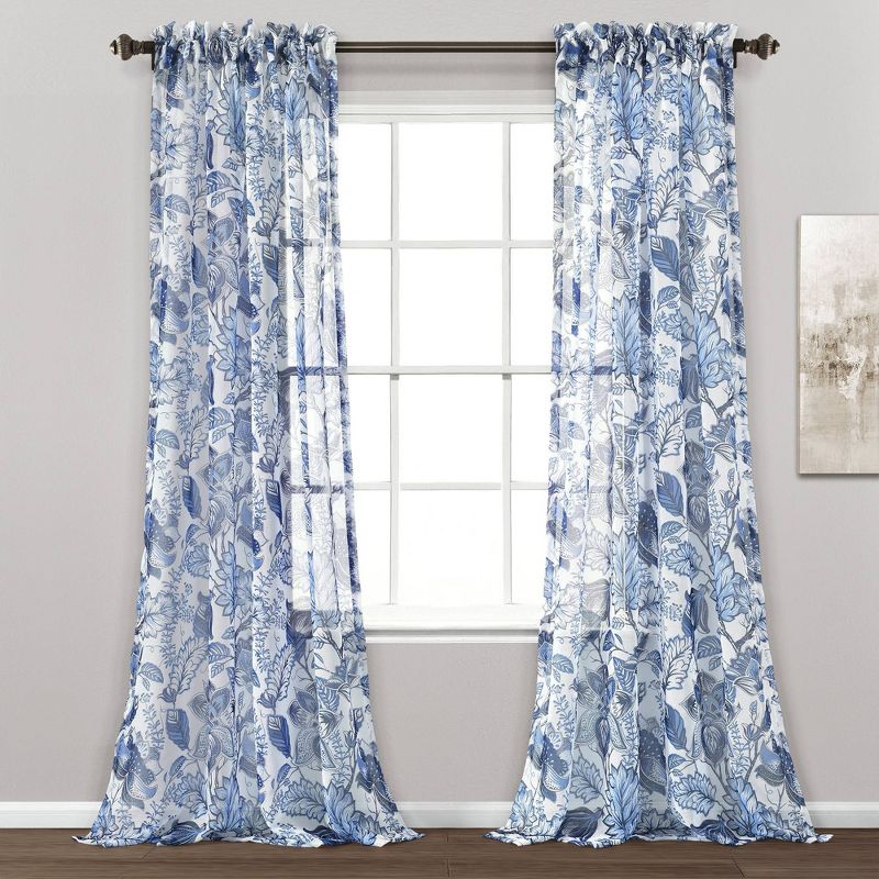 2pk 52&#34;x84&#34; Sheer Cynthia Jacobean Curtain Panels Blue - Lush D&#233;cor, 1 of 14