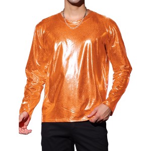 INSPIRE CHIC Men's Round Neck Long Sleeves Shining Disco Metallic T-Shirt - 1 of 4